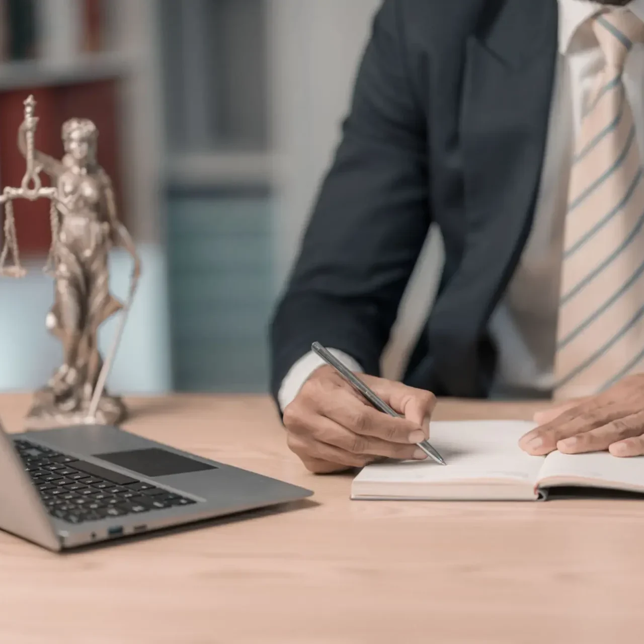 Lawyer writing notes at desk