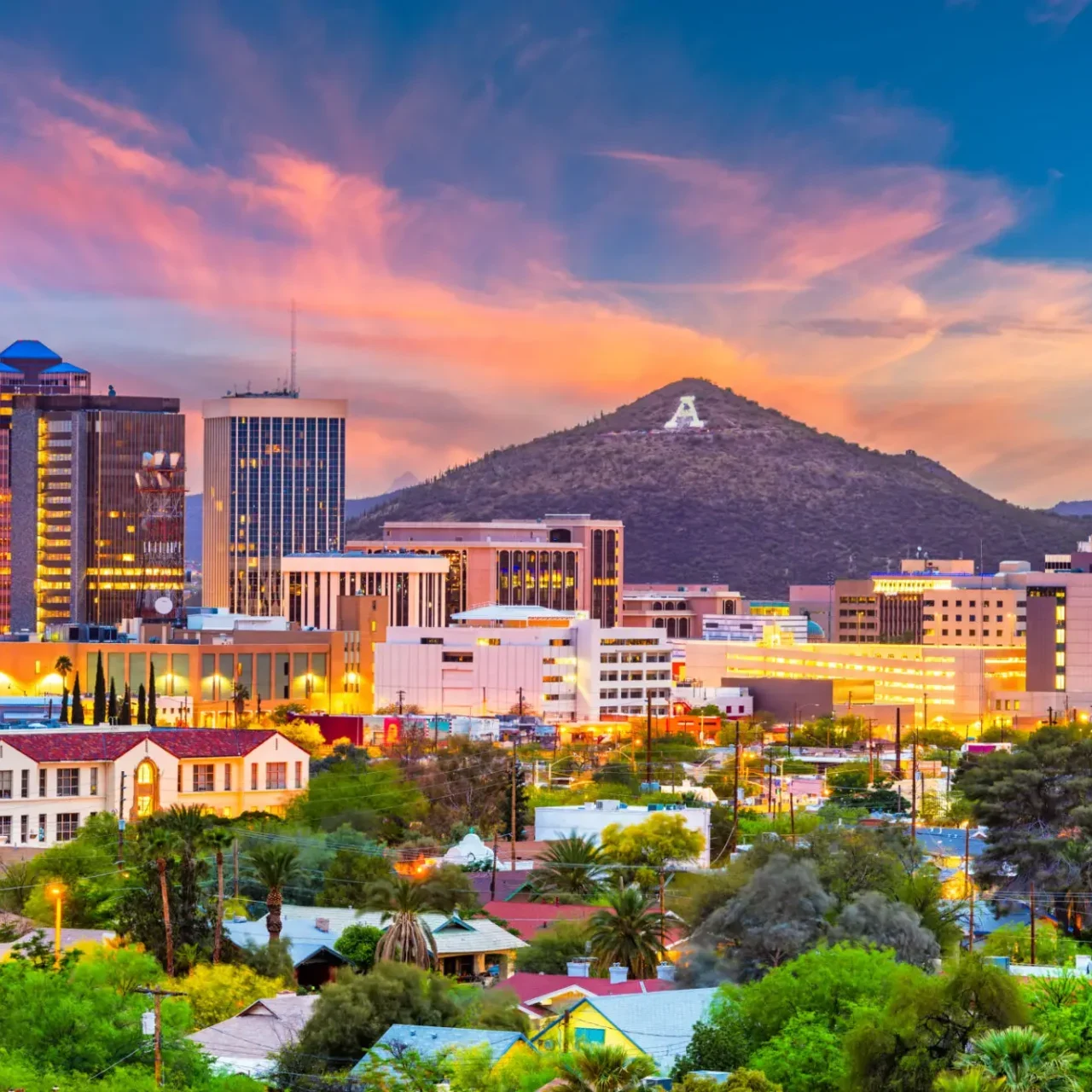 Downtown cityscape with colorful sky