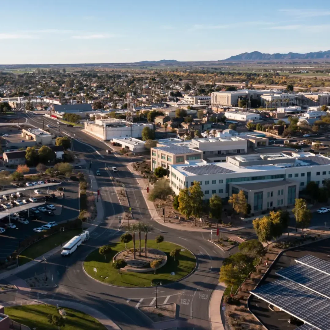Aerial view of cityscape with mountains